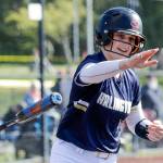 Arlingtons Ainsley Kahler achieves a walk against Monroe at Phil Johnson Ball Field in Everett, Washington on May 19, 2022.(Kevin Clark / The Herald)