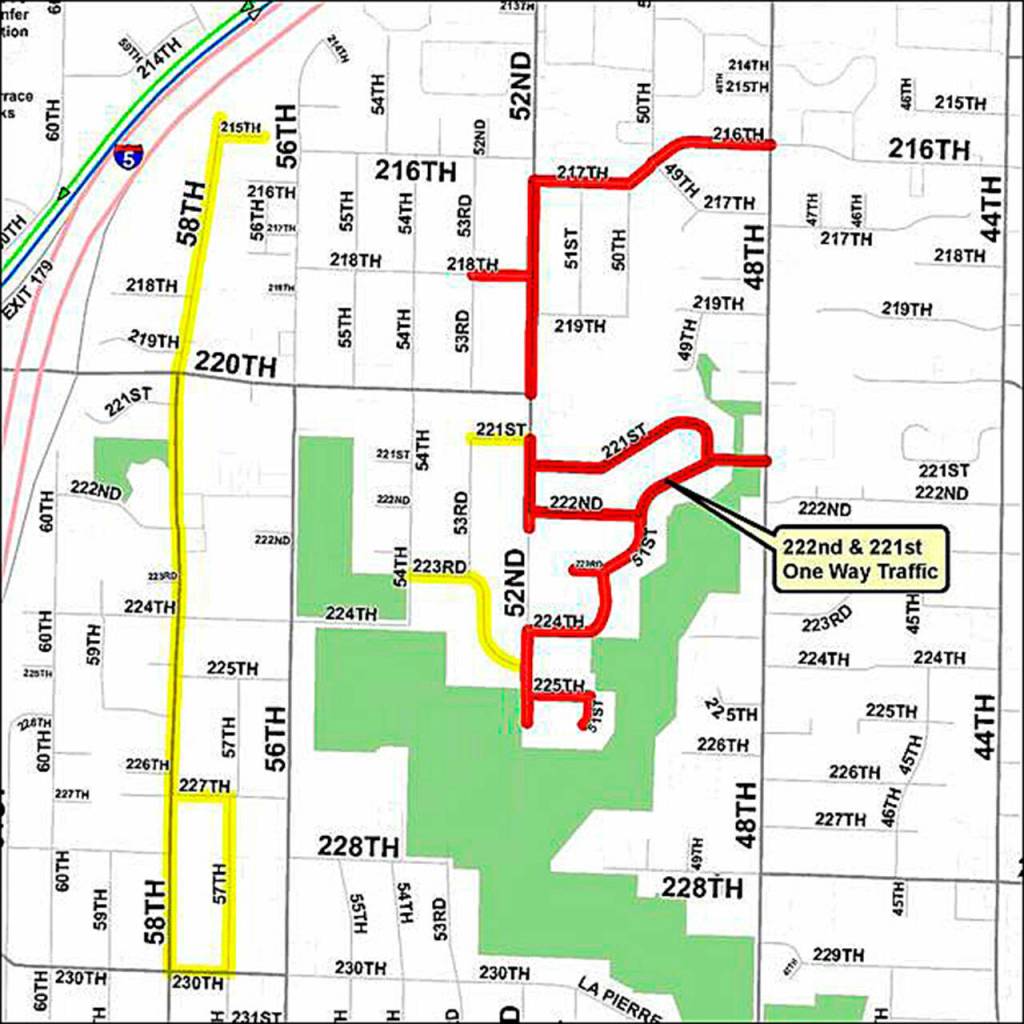 Work to restore roads after a garbage truck leaked hydraulic fluid in June 2021 is planned for Mountlake Terrace. It will include parking restrictions for the red zone May 31 and June 2, and the yellow zone June 1-3. (City of Mountlake Terrace)