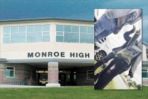 Monroe High School with (inset) a Facebook video screenshot from Nov. 10, 2021, which showed a white student repeatedly using racial slurs in a confrontation with a Black student.