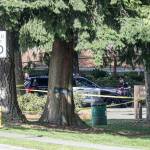 Police officials investigate a shooting at Daleway Park in Lynnwood on April 4. (Kevin Clark / Herald file)