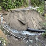 A large washout closed Forest Service Road 29 in the Olympia National Forest in 2016. Hikers rely on forest service roads to access backcountry trails. (Forest Service photo via the Forks Forum, file)