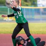 Roosevelts Katherine Thorson tags out Snohomishs Emma Hansen in the 3A State quarter-finals Friday evening in Lacey, Washington on May 27, 2022. The Panthers lost 14-13 in 8 innings. (Kevin Clark / The Herald)