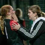 Snohomishs Skyla Bristol is comforted by Emma Lande during the 3A quarter-final game against Roosevelt Friday evening in Lacey, Washington on May 27, 2022. The Panthers lost 14-13 in 8 innings. (Kevin Clark / The Herald)