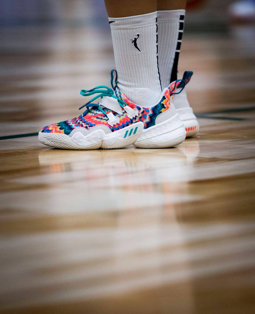 A New York Liberty player stands on the baseline during the game against the Liberty on Sunday, May 29, 2022 in Seattle, Washington. (Olivia Vanni / The Herald)