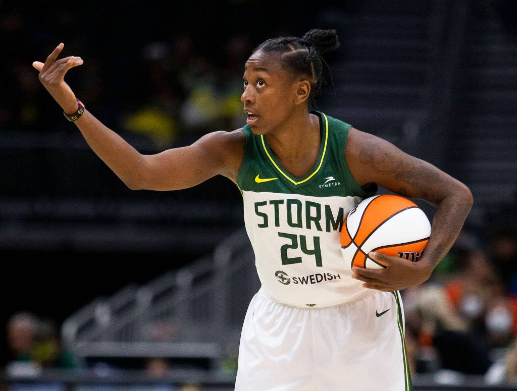 Seattle Storms Jewell Loyd calls a play during the game against the Liberty on Sunday, May 29, 2022 in Seattle, Washington. (Olivia Vanni / The Herald)