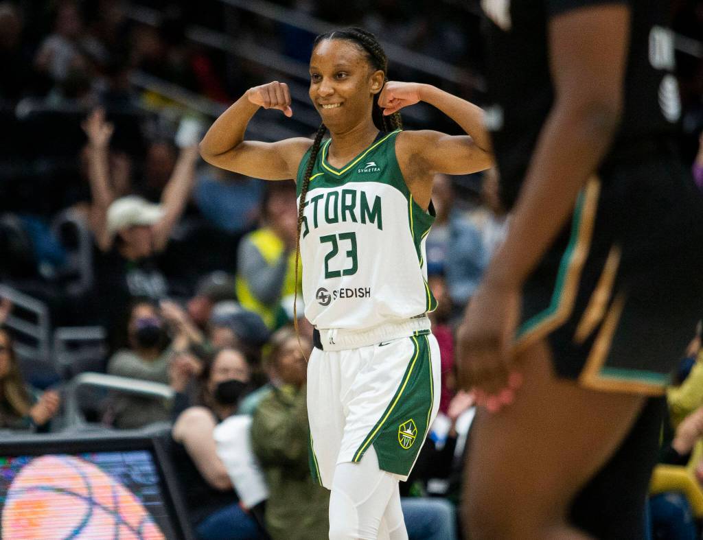 Seattle Storms Kiana Williams reacts to a teammates three-point shot during the game against the Liberty on Sunday, May 29, 2022 in Seattle, Washington. (Olivia Vanni / The Herald)