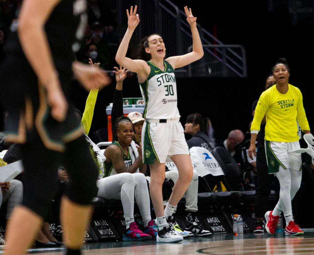Seattle Storms Breanna Stewart reacts to a teammates three-point shot during the game against the Liberty on Sunday, May 29, 2022 in Seattle, Washington. (Olivia Vanni / The Herald)