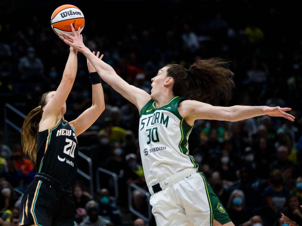 Seattle Storms Breanna Steward blocks a shot by New York Libertys Sabrina Ionescu during the game on Sunday, May 29, 2022 in Seattle, Washington. (Olivia Vanni / The Herald)