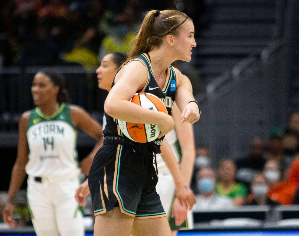New York Libertys Sabrina Ionescu yells at the referees during the game against the Liberty on Sunday, May 29, 2022 in Seattle, Washington. (Olivia Vanni / The Herald)