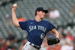 Seattle Mariners pitcher George Kirby throws against the Baltimore Orioles in the first inning of a baseball game Tuesday, May 31, 2022, in Baltimore. (AP Photo/Gail Burton)