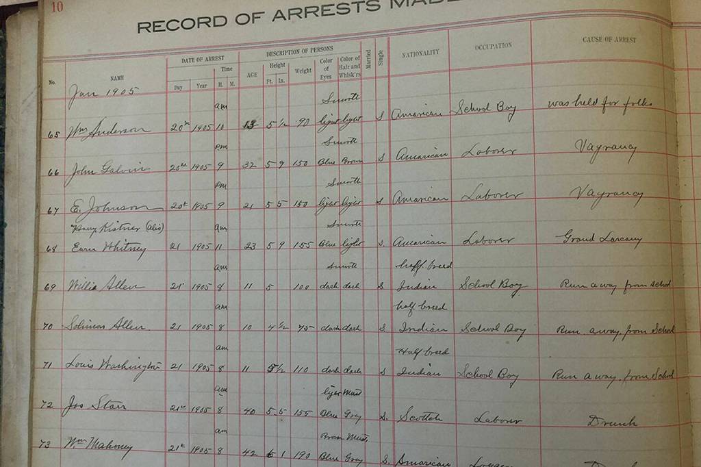 A historic Bellingham Police record shows several Lummi children were arrested for leaving school. (Retrieved from Washington State Archives.)