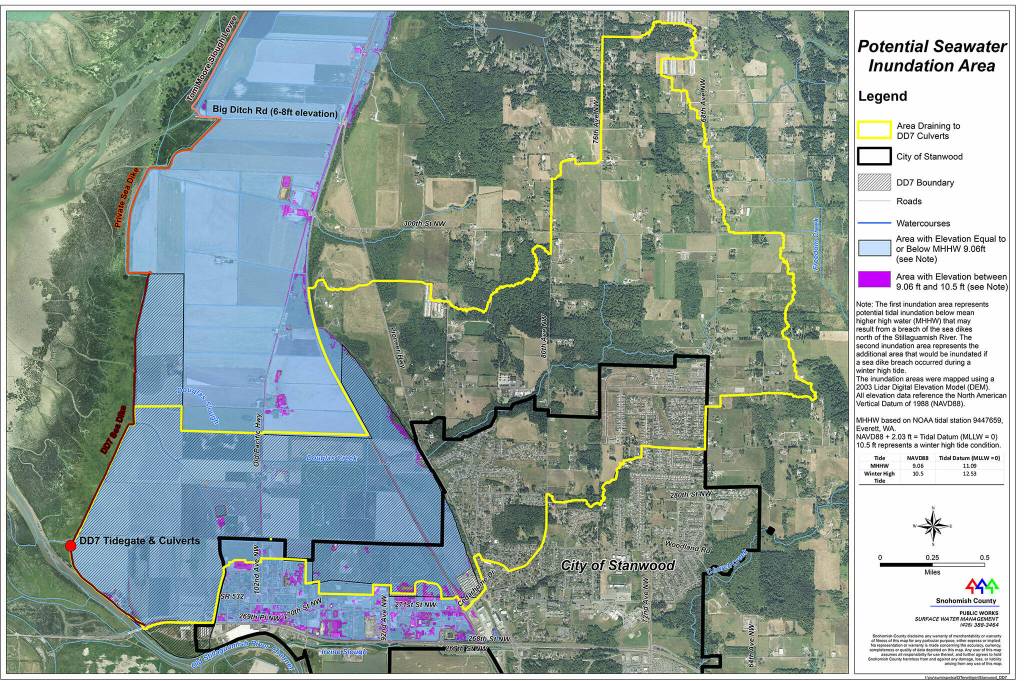 A 2012 map shows areas that could flood with seawater, should the dike west of Stanwood fail. More recent analysis shows that flooding could stretch out even further than what is shown on the map. (Snohomish County)