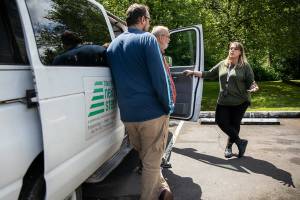 April Provost, a community outreach peer for Ideal Option, speaks with resource outreach from Take the Next Step at the Monroe Library on Wednesday, May 25, 2022 in Monroe, Washington. (Olivia Vanni / The Herald)