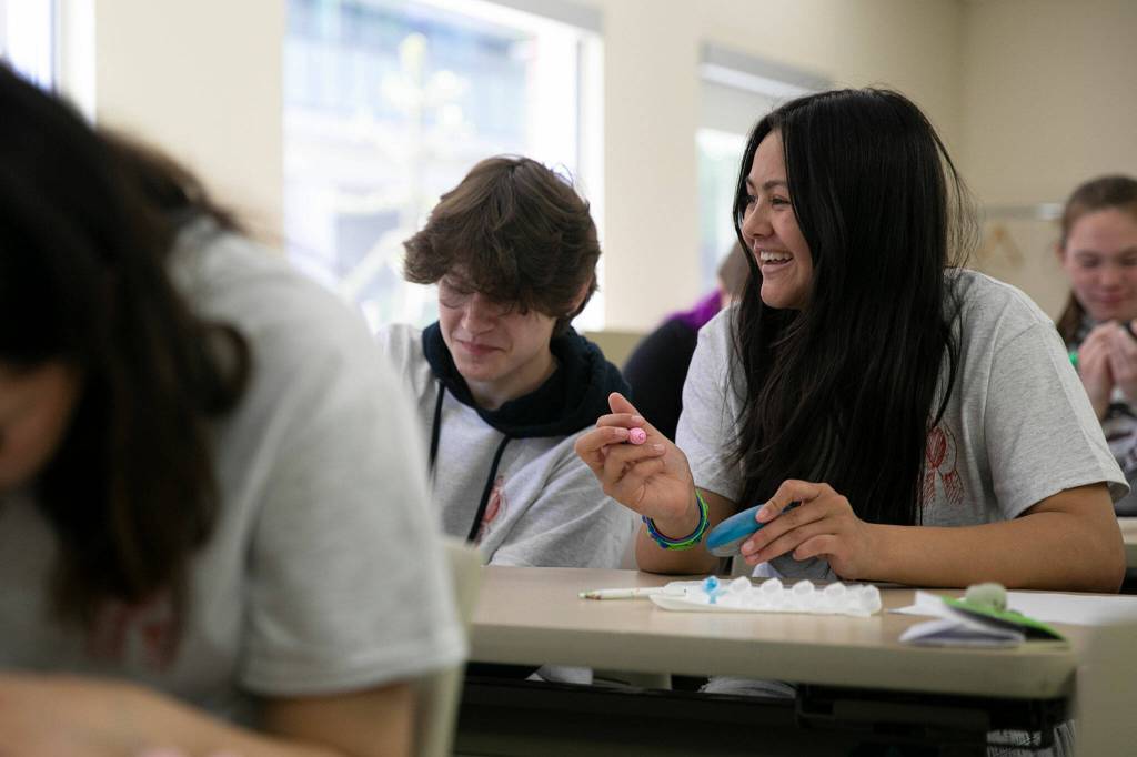 Alexa Marcelo (right), 14, and Garett Verellen, 16, paint rocks during Leadership Launchs Emotion Commotion event. (Ryan Berry / The Herald)