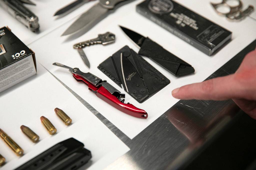 Some of the blades collected by TSA agents at Paine Field. (Ryan Berry / The Herald)
