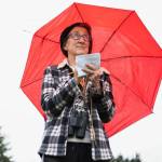 Cathy Clark tallies Vaux’s swifts as they fly into the chimney at Frank Wagner Elementary School on Tuesday, May 24, 2022 in Monroe, Washington. (Olivia Vanni / The Herald)