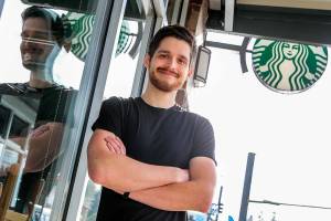 Jacob Fullerton, Starbucks store supervisor in Everett, is pushing to unionize after the recent successes across the country Tuesday afternoon in Everett, Washington on February 1, 2022.  (Kevin Clark / The Herald)