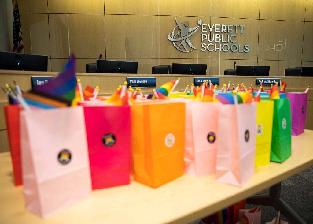 DRAG (diversity, respect, acceptance and gender inclusivity) bags available at the Everett Public Schools Pride month celebration Wednesday in Everett. (Olivia Vanni / The Herald)