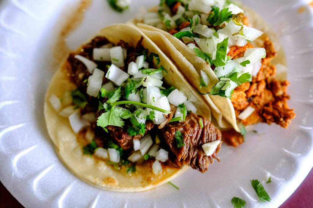 The chicken and beef cheek (barbacoa) tacos at Omars in Lynnwood. (Taylor Goebel / The Herald)