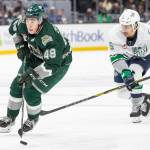Everett Silvertips Olen Zellweger breaks away with the puck during the game against the Seattle Thunderbirds at Climate Pledge Arena on Saturday, Feb. 26, 2022 in Seattle, Washington. (Olivia Vanni / The Herald)