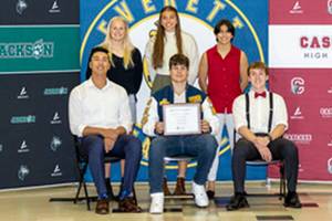 Dwayne Lane Athlete of the Year Scholarship candidates Jackson's Kate Russell (top left to right), Everett's Lillian Thompson, Cascade's Laura Alcantar Soto, Jackson's Dominic Hellman (bottom left to right), Everett's Joey Hudson and Cascade's Ronan McKague at the Everett School District Athletic Awards Banquet on Thursday, June 2, 2022.