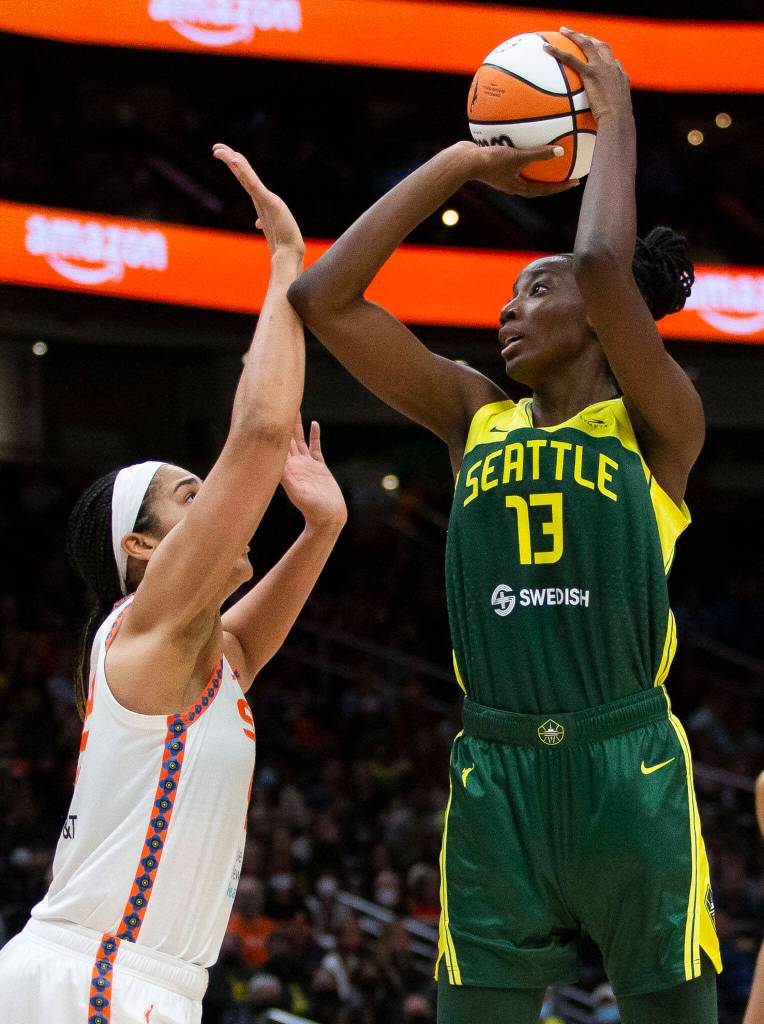 Seattle Storms Ezi Magbegor makes a jump shot during the game against the Connecticut Sun on Sunday, June 5, 2022 in Seattle, Washington. (Olivia Vanni / The Herald)