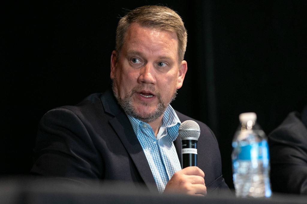 Snohomish County Council member Sam Low speaks during a public safety town hall meeting Wednesday at the Marysville Opera House in Marysville. (Ryan Berry / The Herald)
