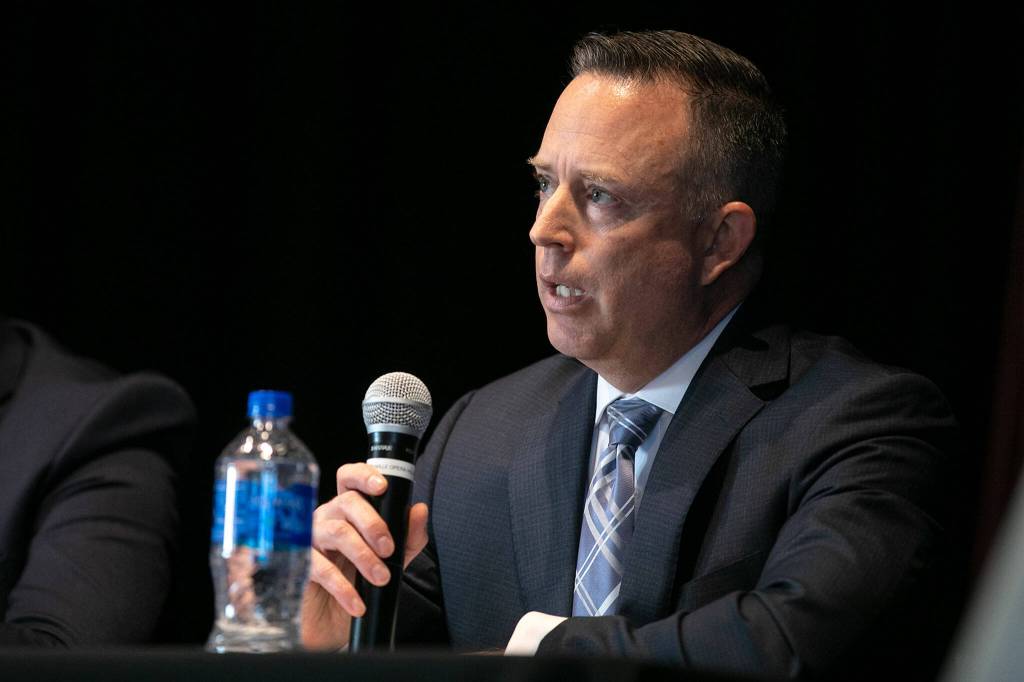 Snohomish County Chief Deputy Prosecutor Matt Baldock speaks during a public safety town hall meeting Wednesday at the Marysville Opera House in Marysville. (Ryan Berry / The Herald)