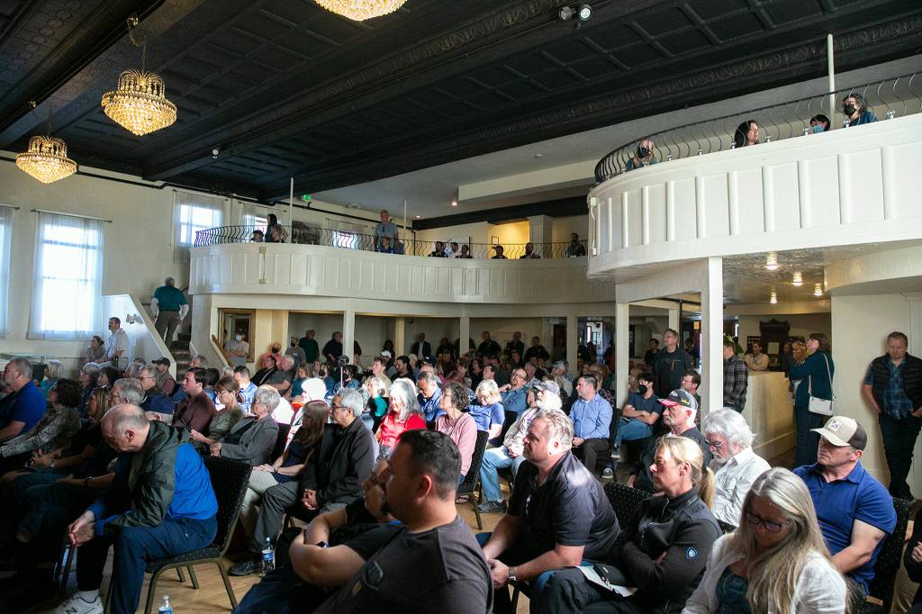 The Marysville Opera House is packed with members of the public during a public safety town hall meeting Wednesday. (Ryan Berry / The Herald)