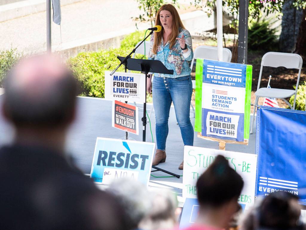State Rep. Emily Wicks, D-Everett, speaks at the March for Our Lives rally at the Snohomish County Courthouse on Saturday in Everett. (Olivia Vanni / The Herald)