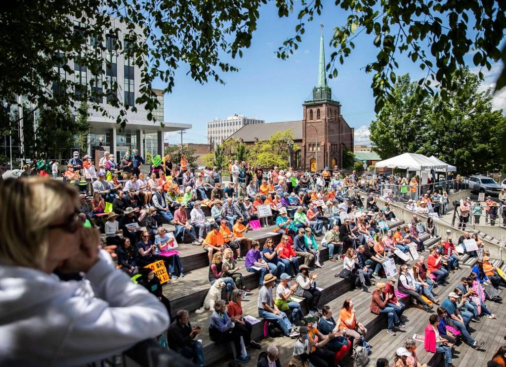 People gather at the March for Our Lives rally on Saturday in Everett. (Olivia Vanni / The Herald)