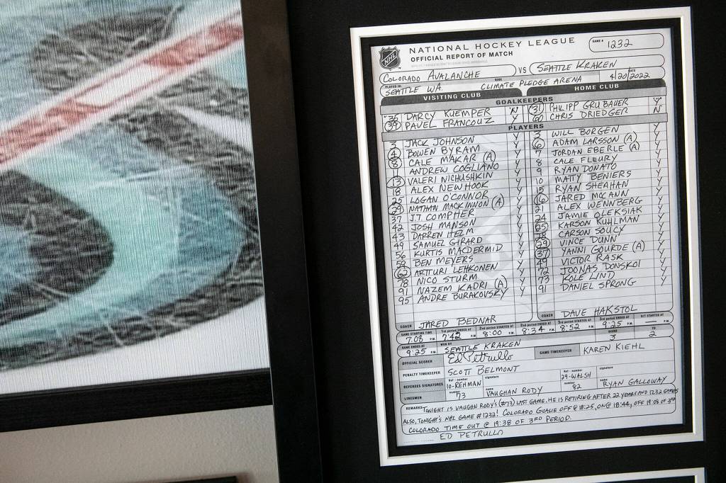 The game report from Vaughan Rodys 1,232nd and final NHL game hangs on a wall in his home June 6 in Lake Stevens. (Ryan Berry / The Herald)