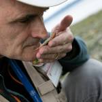 Tim Ellis performs a sniff test on a crab he found while tide-pooling during the lowest tide in over a decade Wednesday at Lighthouse Park in Mukilteo. Multiple WSU Beach Walkers said smelling a crab shell can help determine if the creature is dead or if it is just a molt. (Ryan Berry / The Herald)