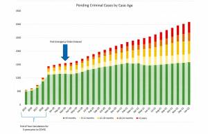 This chart presented to the Snohomish County Council by court officials last week shows criminal cases have taken much longer to resolve since the pandemic began.