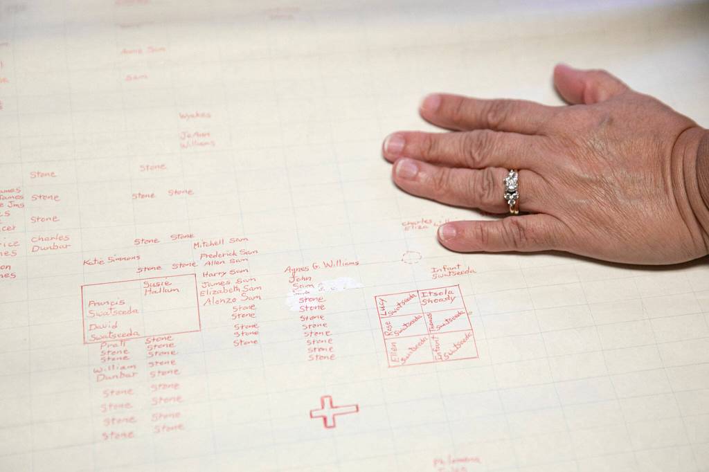Candy Hill-Wells looks over a drawn map of Priest Point Cemetery on June 14 at the Tulalip Administration Building in Tulalip. (Ryan Berry / The Herald)