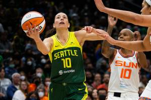 Seattle Storm’s Sue Bird drives to the hoop for a layup during the game against the Connecticut Sun on Sunday, June 5, 2022 in Seattle, Washington. (Olivia Vanni / The Herald)
