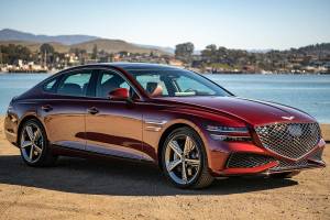A three-dimensional wing-shaped front bumper is a distinctive feature of the 2022 Genesis G80 3.5T AWD Sport model. (Manufacturer photo)