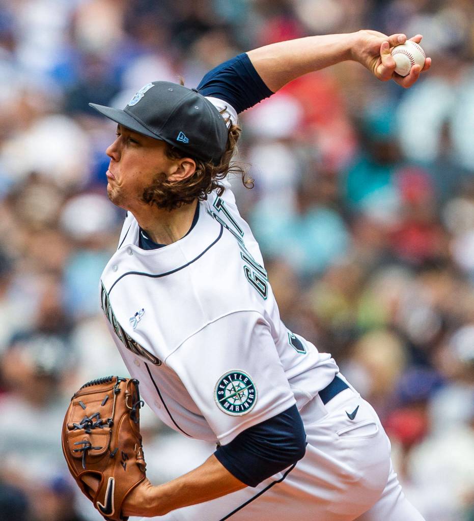 Mariners Logan Gilbert pitches during the game against the Angels on Sunday, June 19, 2022 in Seattle, Washington. (Olivia Vanni / The Herald)