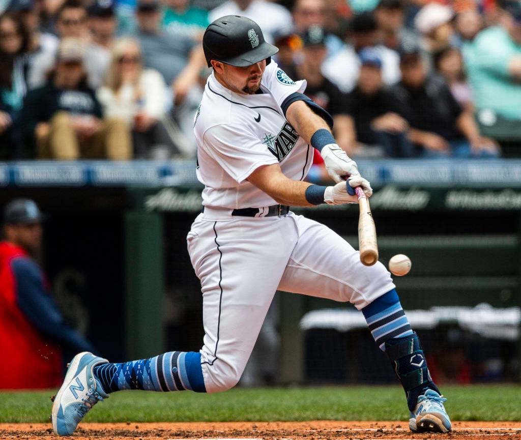 Mariners Cal Raleigh breaks his bat during the game against the Angels on Sunday, June 19, 2022 in Seattle, Washington. (Olivia Vanni / The Herald)