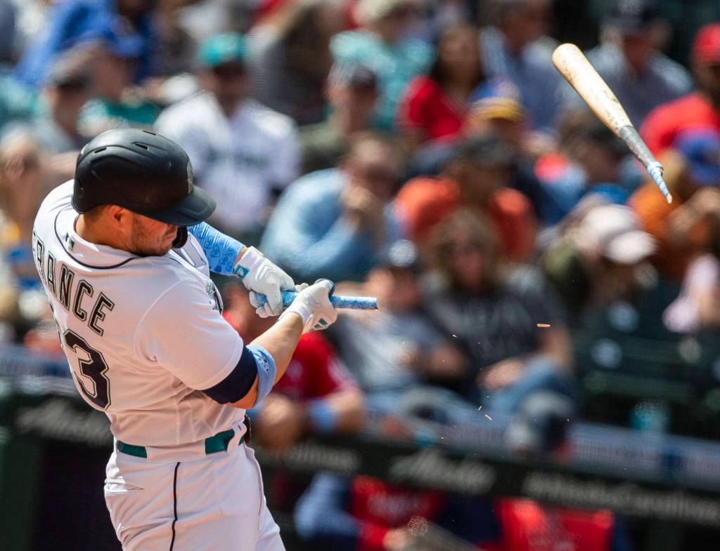 Mariners Ty France breaks his bat during the game against the Angels on Sunday, June 19, 2022 in Seattle, Washington. (Olivia Vanni / The Herald)
