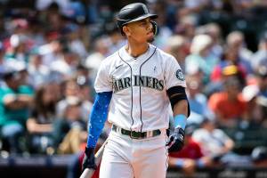 Mariners’ Julio Rodriguez grimaces after striking out again after not hitting at all during the game against the Angels on Sunday, June 19, 2022 in Seattle, Washington. (Olivia Vanni / The Herald)