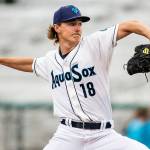 Bryce Miller pitches during a game against the Tri-City Dust Devils on Wednesday, June 15, 2022 in Everett, Washington. (Olivia Vanni / The Herald)
