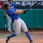 The Everett Merchants’ Aaron Clogston, from Monroe, puts the ball in play during a game against the Seattle Blackfins on Wednesday, June 22, 2022, at Funko Field in Everett, Washington. (Ryan Berry / The Herald)