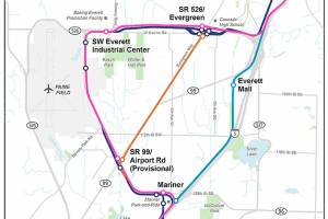 Staff are evaluating two more light rail alternatives for the Everett Link extension. One would follow Interstate 5 north of 128th Street SW to the Everett Mall and back to the freeway. Another would go west of 128th Street SW to Highway 99 and north to Casino Road. (Sound Transit)