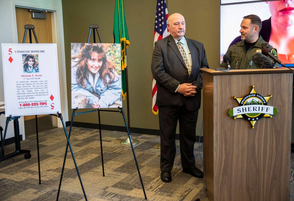 Sheriff Adam Fortney and Detective Jim Scharf announce the suspect in Koskis 1990 cold case during a press conference on Thursday in Everett. (Olivia Vanni / The Herald)