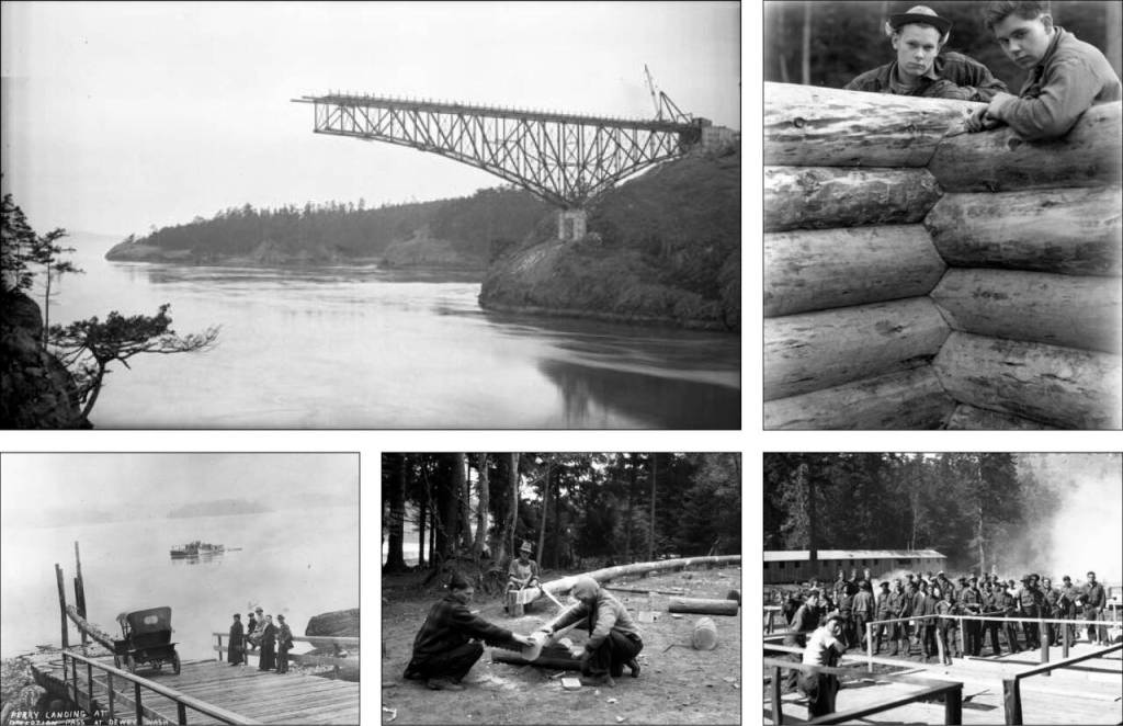 Clockwise from top left: The Deception Pass Bridge stands partially completed in February 1935. Civilian Conservation Corps workers pose next to one of the log structures they built. CCC workers gather near buildings under construction. Workers build the iconic log railings that line Highway 20 as it passes through the park. The ferry between Dewey on Fidalgo Island and Hoypus Point on Whidbey was put out of business by the bridge. (Washington State Archives photos)