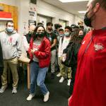 Elizabeth Martinez arrives as a late addition to the festivities during National Signing Day Wednesday, Feb. 2, 2022, at Marysville Pilchuck High School in Marysville, Washington. (Ryan Berry / The Herald)