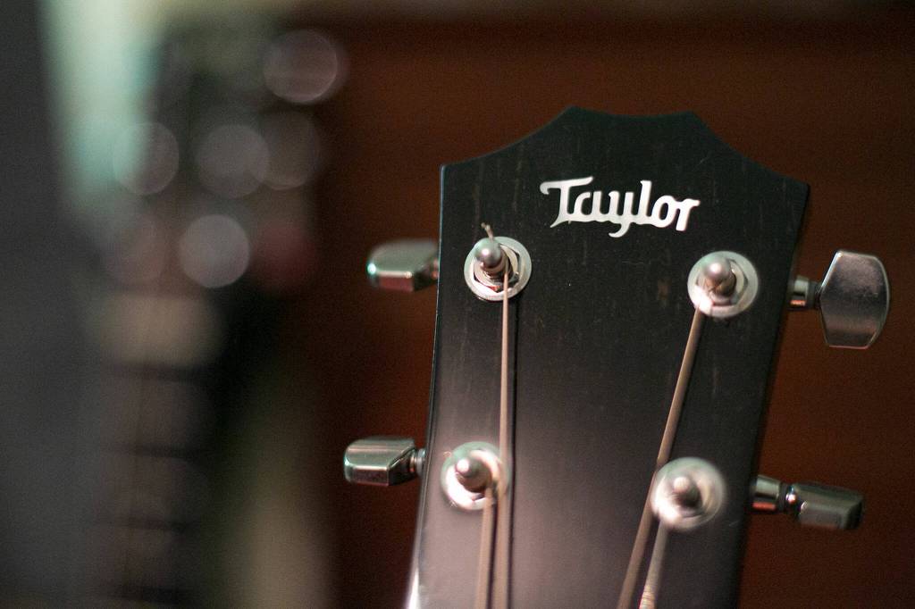 Nik Clovskys Taylor guitar at his home in Marysville. (Ryan Berry / The Herald)
