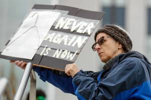 Sue Libow during the abortion rights rally at the Snohomish County Courthouse Plaza in Everett, Washington on May 3, 2022.  (Kevin Clark / The Herald)