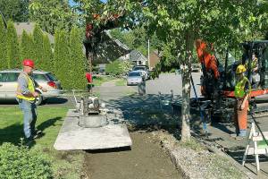 Arlington Public Works employees use The Big Sidewalk Sucker to lift a concrete panel from the sidewalk. The device saves the city some money and time to level ground below the concrete. (Arlington Public Works)